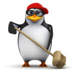 3d Penguin in baseball cap sweeps with broom