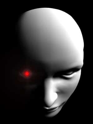 angry human robot face person on black background